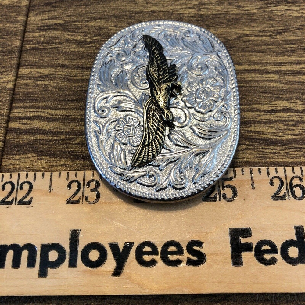 Silver and Gold Oval Scroll Work Eagle Belt Buckle - Picture 9 of 10